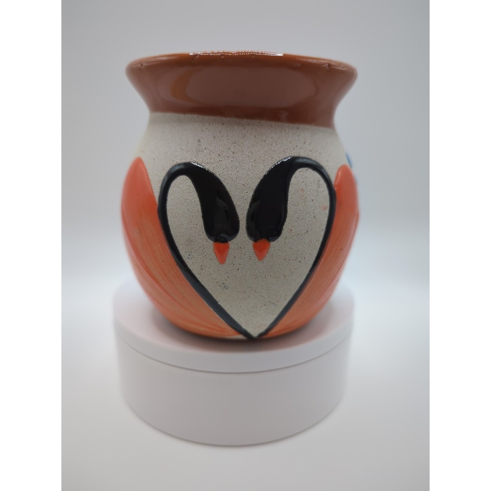 Hand Painted Mexican Terracotta Pottery Coffee Mug Swans Floral Love 12oz